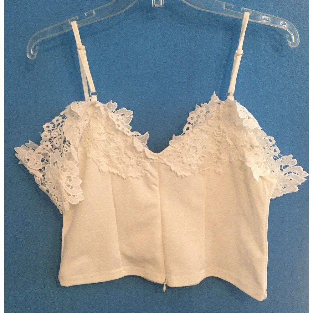 Crop Top Blouse White Bare Shoulder Spaghetti Strap Lace Sleeves - Picture 7 of 7